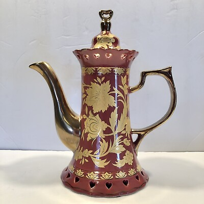 #ad Gold Floral Maroon Decorative Ceramic Tea Pot 10.5 inch Tall Heart Accents AS IS $19.95