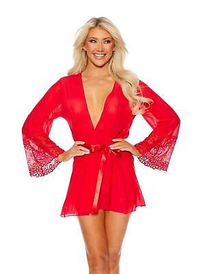 #ad Escante Valentine Mesh Robe Lace Trim Red $36.00