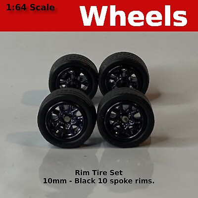 #ad 10 10mm Black 10 Spoke Blackwall Treaded rubber tire set. for Hot Wheels $3.89
