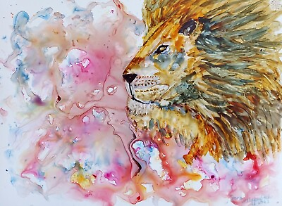 #ad Original Art Lion Portrait Watercolor Impressionism Yupo Paper COA Living Artis $40.00