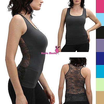 #ad Hot Racer Back Tank Top w Back Rose Floral Lace Cami Shirt Slimming Mesh T Shirt $5.50