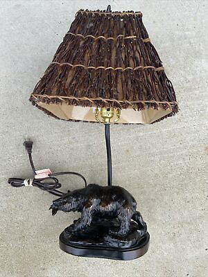 #ad Cal Lighting Bear With Fish Table Lamp Country Cabin Twig Shade 23” High $69.97