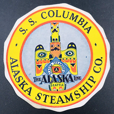 #ad Vintage SS Columbia The Alaska Line Steamship Luggage Label 3.75quot; Dia Totem Pole $58.99