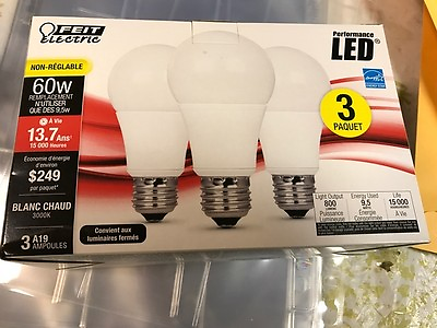 #ad 3 PACK LED 60W 9.5 W Warm White A19 800 lumens FEIT Light Bulbs $4.98
