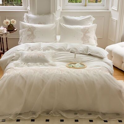 #ad Egyptian Cotton Bedding Set Embroidered Butterfly Lace Duvet Cover Pillowcase $291.02