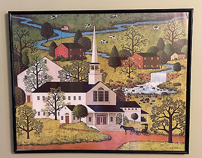 #ad Charles Wysocki poster print framed 20quot;x16quot; Church Barn Summer Americana Art $58.99