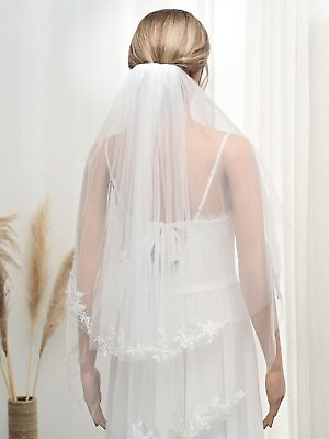 #ad Unsutuo 2 Tier Bride Wedding Veil Lace Applique Bridal Fingertip Tulle Veil w... $23.18
