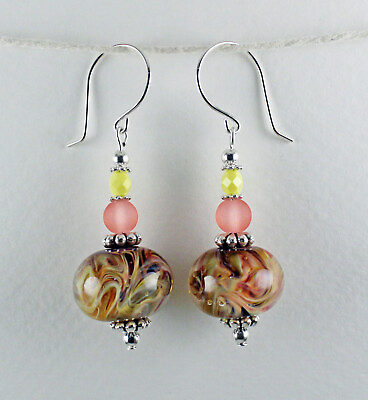 #ad Lampwork Earrings Handmade Pink Yellow Glass Bead Dangle Drop w Sterling Earhook $18.00