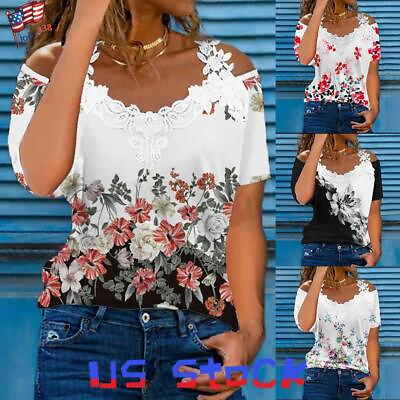 #ad Womens Floral Lace V Neck T Shirt Tops Ladies Summer Short Sleeve Blouse Tee US $12.99