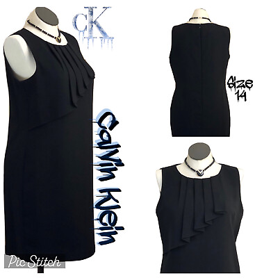#ad Calvin Klein Women 14 Little Black Dress Sleeveless Sheath Midi Pleated Neckline $24.00