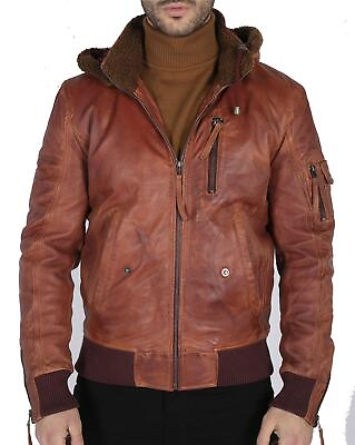#ad Mens Real Leather Hood Fur Jacket Bomber Aviator Tan Brown Retro GBP 131.99