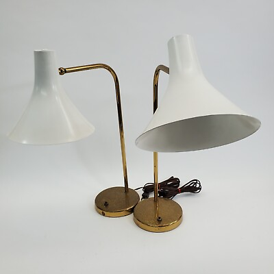 #ad 2X Vintage Greta Von Nessen NY Desk Lamp Brass Finish w White Shade Working MCM $1499.99
