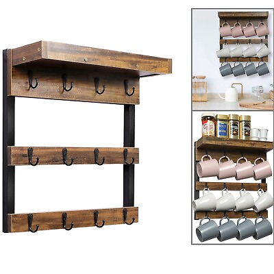 #ad Rustic Mug Rack Cup Holder Wall Mounted with Open Shelves amp; 12 Sturdy Hooks $24.99
