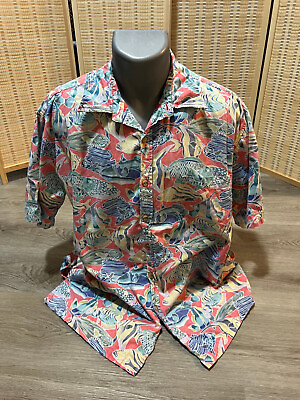 #ad Cooke Street Hawaiian Button Up Down Shirt 100% Cotton Fishes Pink Large L H404 $13.91