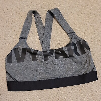 #ad IVY PARK Sports Bra Womens Medium Strappy Mesh Gray Black Logo Medium Support $15.00