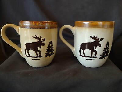 #ad Pair of Woodland Home Studio Ceramic Moose Mugs Rustic Coffee Tea 4 ¼” $21.99