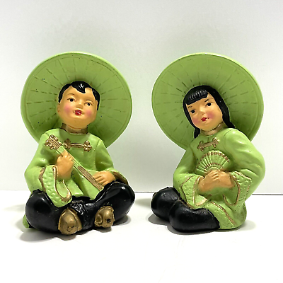 #ad Vintage Asian Boy amp; Girl Chalkware Figurines Green Shirts amp; Coolie Hats 1952 MCM $28.95