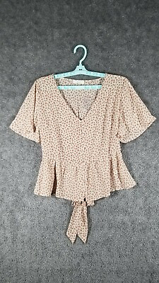 #ad Active USA Women Sz L Floral V Neck Peplum Blouse Taupe NWOT Button Casual Top $13.49