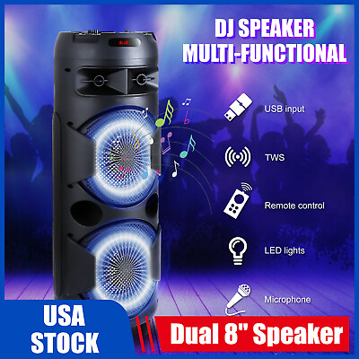 #ad Portable Party Bluetooth PA Speaker with Double Subwoofer w Mic AUX Remote LED $75.99