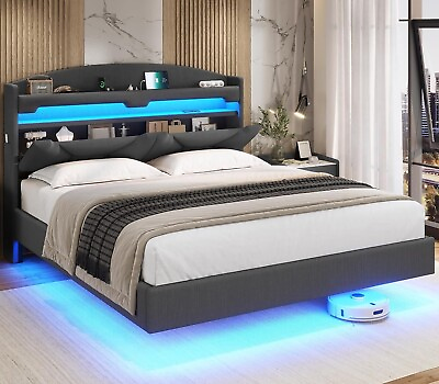 #ad Queen Size Floating Bed Frame with Hidden Storage LED Upholstered Platform Bed $279.89