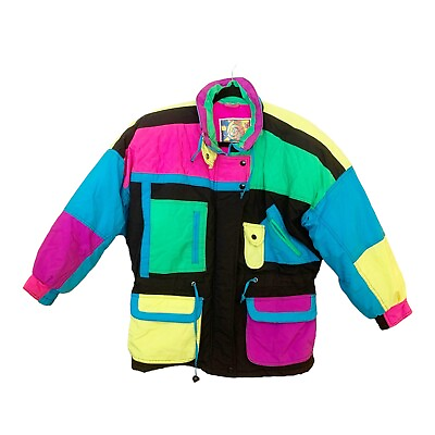 #ad GIACCA VTG Retro Neon Geometric Color Block Puffer Jacket Coat Ski Sz 14 $39.95