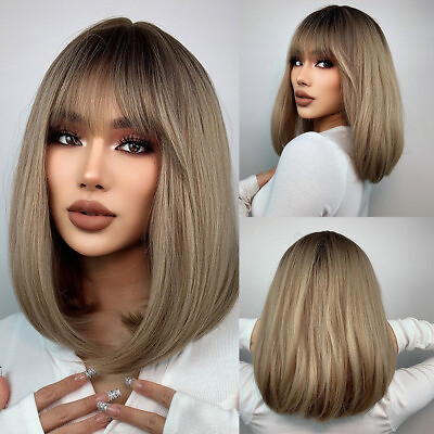 #ad Brown Blonde Hair Wigs with Bang Natural Straight for Women Synthetic Daily Use $16.00