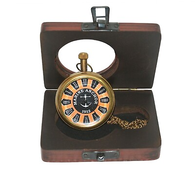 #ad Antique Vintage Maritime Brass 1912 Marine Anchor Pocket Watch with Wooden Box $37.18