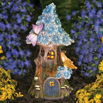 #ad Solar LED Lighted Butterfly amp; Blue Daisies Tinkerbell Fairy House Garden Statue $34.99