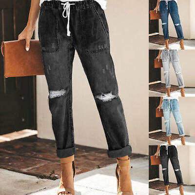 #ad Women Elastic Waist Ripped Denim Pants Pockets Boyfriends Jeans Trousers Bottoms $32.19