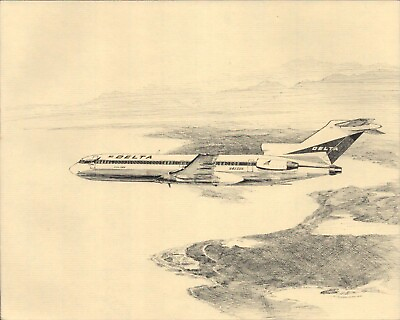 #ad DELTA AIRLINES BOEING B 727 vintage airplane art print FRED TAKASUMI 1979 $9.99