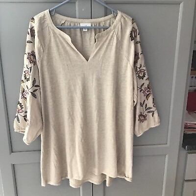 #ad J Jill Embroidered Tunic 3 4 Sleeve Oatmeal Beige Cotton Modal Size L $29.99