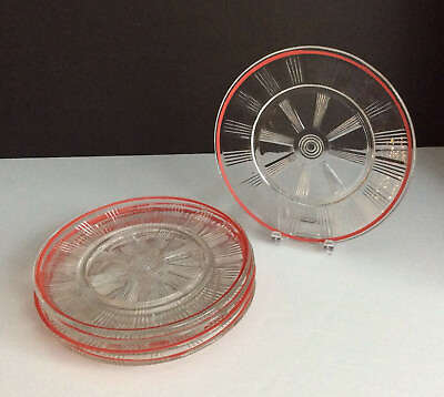 #ad 6 Hazel Atlas Wagon Wheel Spoke Crystal Clear With Red Trim 6 1 2quot; Plates $21.00