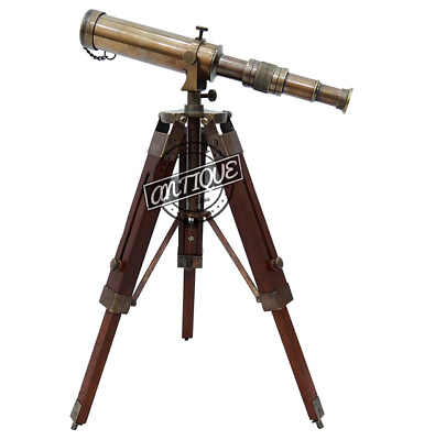 #ad Nautical Polished Brass Telescope with Wooden Marine Tripod Stand TableTop Decor $39.00