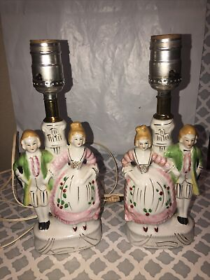 #ad Pair of Vintage Porcelain Colonial Couple Boudoir Table Mantle Lamps no Shades $26.99