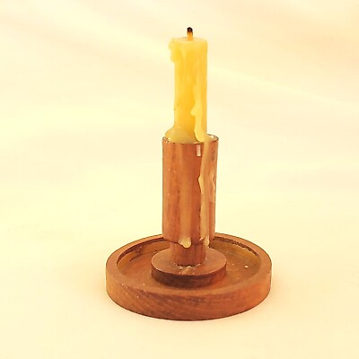 #ad Vintage Denmark Teak Wood Candle Holder Retro with Candle amp; Drips 4quot; Tall READ $25.85
