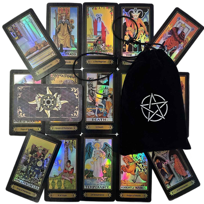 #ad Unique Black Holographic Art 78 Tarot Cards Desk English Set Oracle Game Pouch $15.19