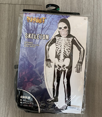 #ad Spirit Halloween Skeleton Costume Child Large 12 14 Body Suit Mask Gloves EUC $22.64