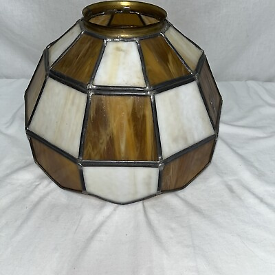 #ad Vintage Amber Leaded Stained Glass Lamp Shade Fixture 11” W X 8” H EUC $35.00