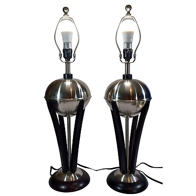#ad Vintage 29quot; MCM Danish Scandinavian Style Chrome Globe Atomic Table Lamps Set M $325.00