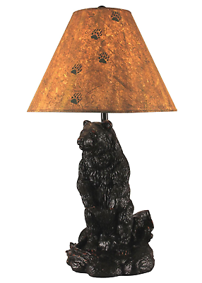 #ad Rustic Standing Distressed Black Bear Country Cabin Table Lamp W Paw Print Shade $198.95
