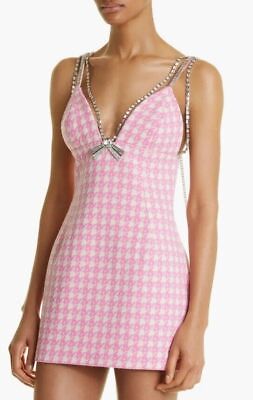 #ad $1395 New Area Deco Bow Mini Dress Houndstooth Wool Cotton Pink Crystals 10 $375.00
