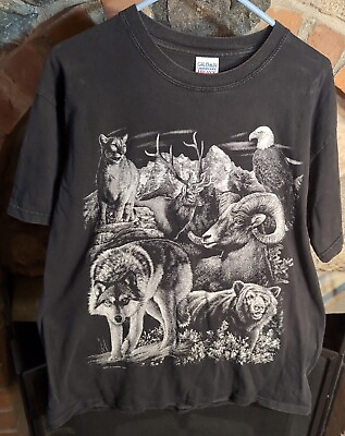 #ad Vintage Springhill Big Game Wildlife Bear Elk Wolf T Shirt Black Size Large $14.99