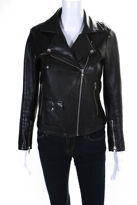 #ad Sandro Womens Leather Three Pocket Full Zip Crop Motorcycle Jacket Black Size 1 $121.99