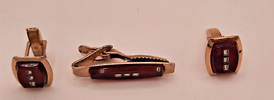 #ad Vintage Cufflinks and Tie Bar set mid century modern gold tone amp; ruby red READ $8.46