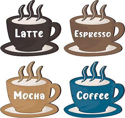 #ad 4 Pieces Coffee Wooden Wall Art Decor Coffee Cup Wooden Wall Sign Latte Coffee $12.99