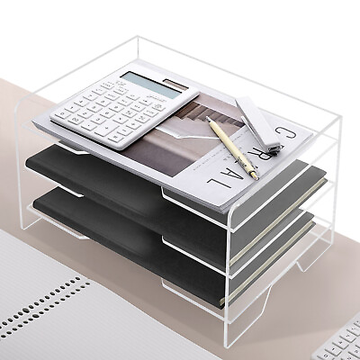 #ad Acrylic Clear Desk Organizer Desktop File Organizer with 3 Paper Organizer Tray $16.15
