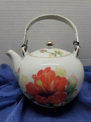 #ad Vintage Red Yellow Flowers Japan Teapot Ceramic Woven Wood Handle Lid Decor $22.00