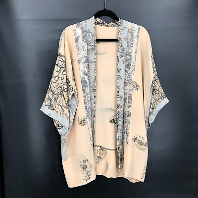 #ad Half Sleeve Kimono Open Front Accent Jacket Tan Japanese painted floral boho XL $45.00