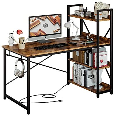 #ad Computer Desk 47quot; with Power Outlet amp; Storage Shelves Study Writing Table wi... $138.43
