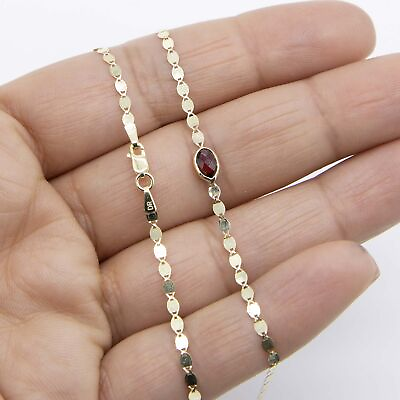 #ad Oval Garnet Shiny Mirror Chain Necklace Real 14K Yellow Gold 16.25quot; $252.99
